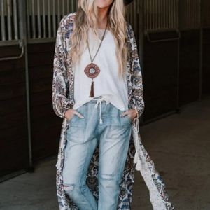 Floral Open Front White Long Kimono